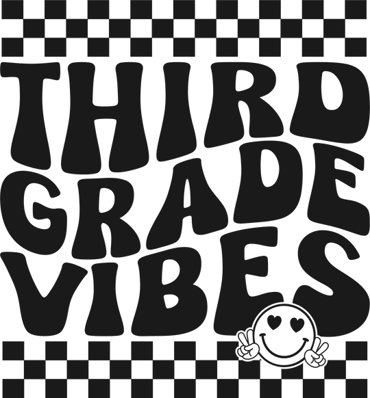 Kids 3rd Grade Vibes Tee, black and white graphic design with smiley face, letters R, D, B, and G. 100% cotton, light fabric, classic fit, tear-away label. Ideal for everyday wear.