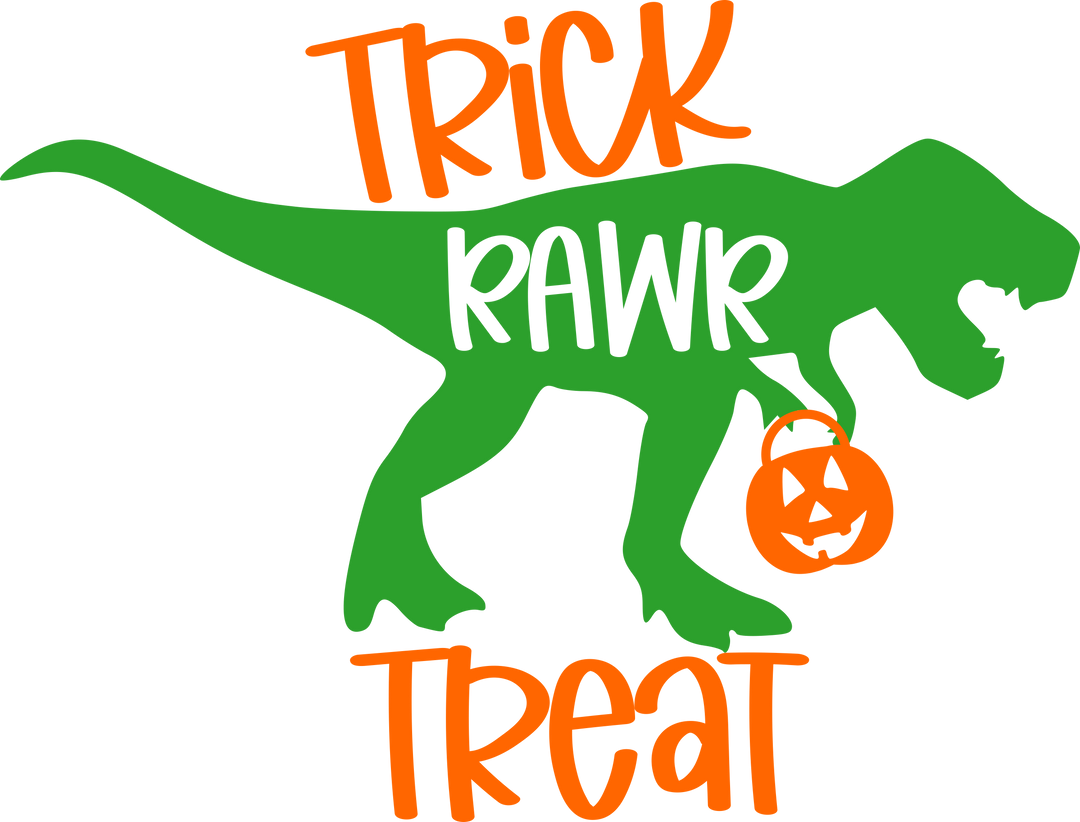 A green dinosaur with a pumpkin bag on a Trick Rawr Treat Long Sleeve Onesie for babies by Worlds Worst Tees. Infant bodysuit with ribbed knit bindings for durability.
