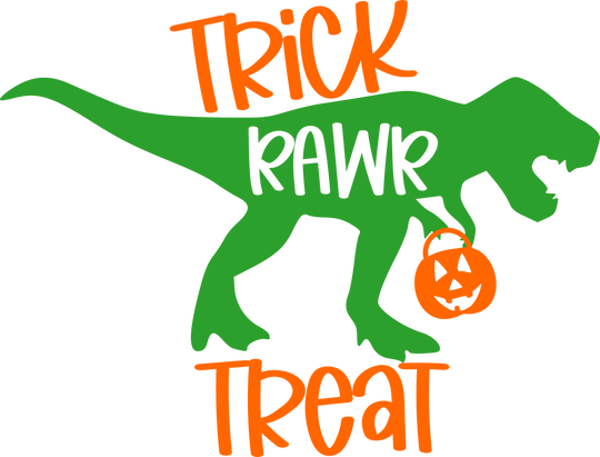 A green dinosaur with a pumpkin bag on a Trick Rawr Treat Long Sleeve Onesie for babies by Worlds Worst Tees. Infant bodysuit with ribbed knit bindings for durability.