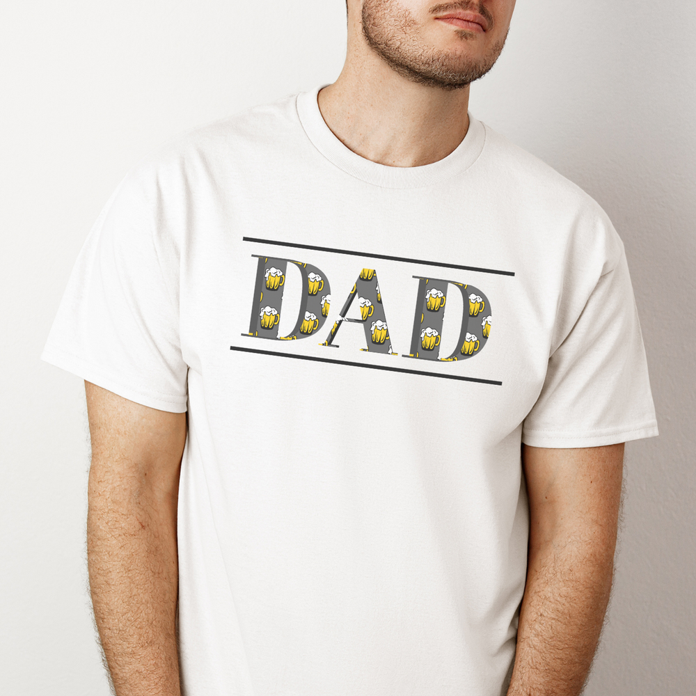 A classic Dad Beer Tee, a staple for casual fashion, featuring a man in a white shirt with a close-up of a logo. Unisex, heavy cotton tee with ribbed knit collar and durable tape on shoulders.