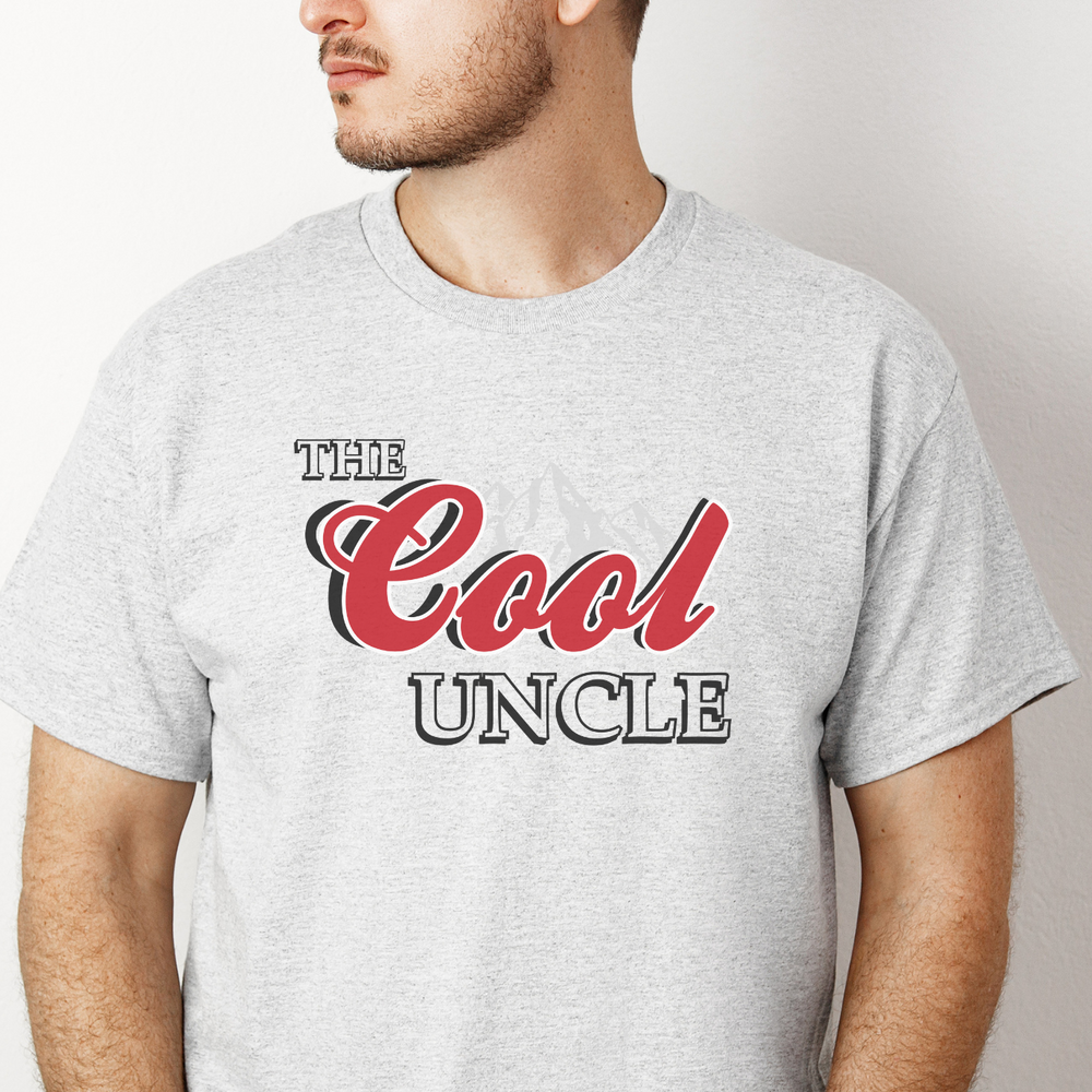 A premium fitted men's short sleeve tee, The Cool Uncle Tee, in white. Features ribbed knit collar, 100% combed cotton, and a roomy fit. Ideal for workouts and everyday wear.