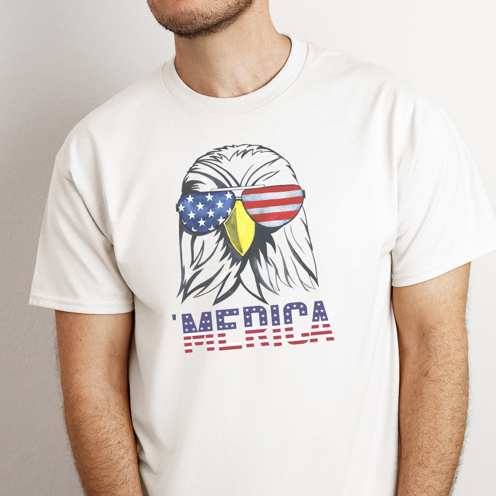 A premium 'Merica Tee for men, featuring a bird design. Combed, ring-spun cotton, ribbed knit collar, and roomy fit for comfort. Ideal for workouts or daily wear. Sizes XS to 4XL.