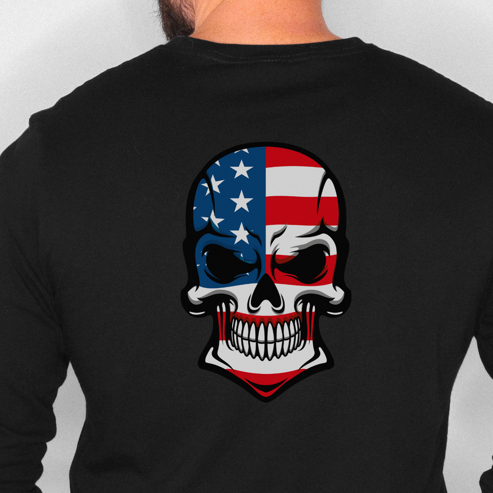 A classic American Skull Tee by Gildan 5000. Unisex heavy cotton shirt with skull and flag graphic. Ribbed knit collar, durable tape on shoulders, no side seams. Medium weight, true to size.