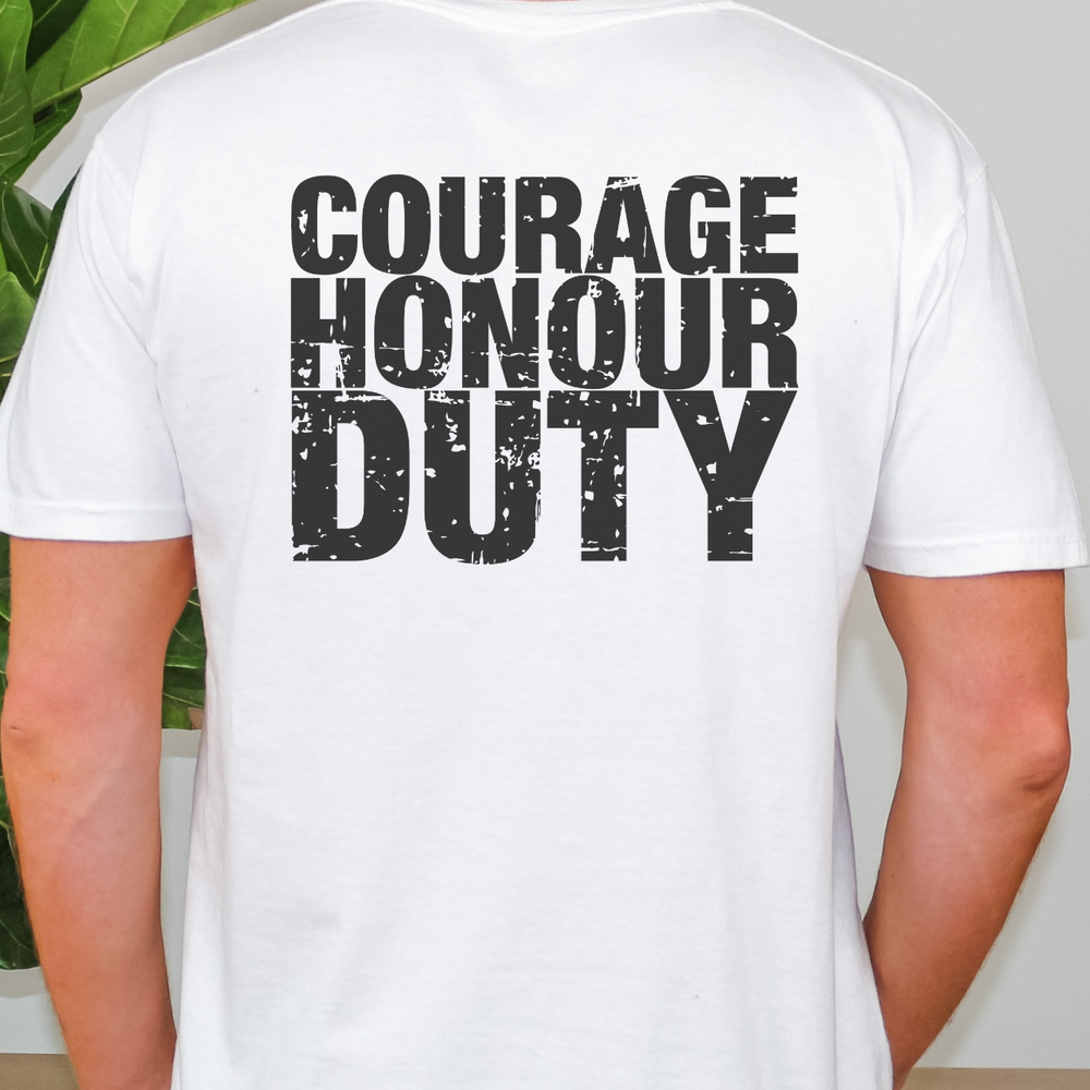 Courage Honor Duty Tee: A premium fitted men’s shirt with ribbed knit collar, roomy fit, and side seams for structural support. Made of 100% combed cotton, offering a light, comfortable feel.