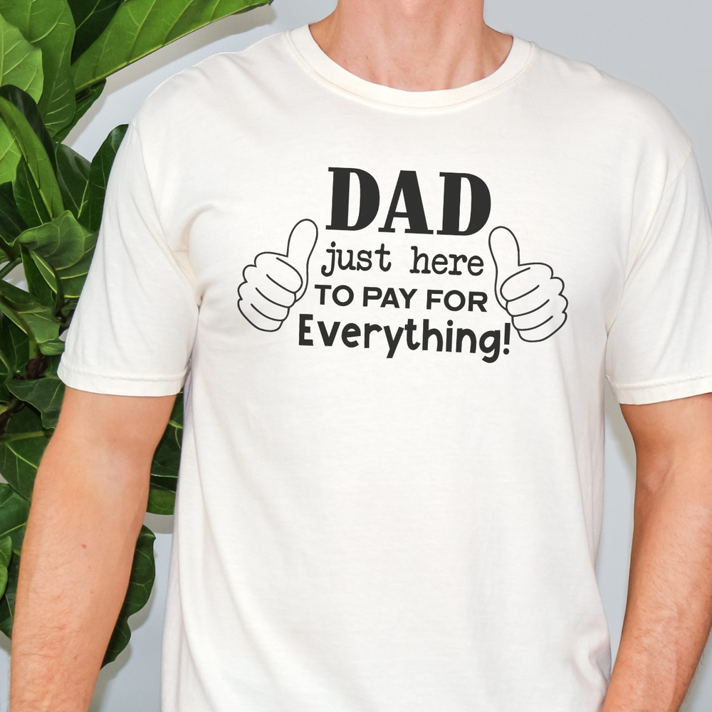 A premium Dad Just Here to Pay for Everything Tee, a comfy and light Next Level 3600 shirt. Features ribbed knit collar, side seams for shape, and 100% combed cotton. Sizes XS to 4XL.