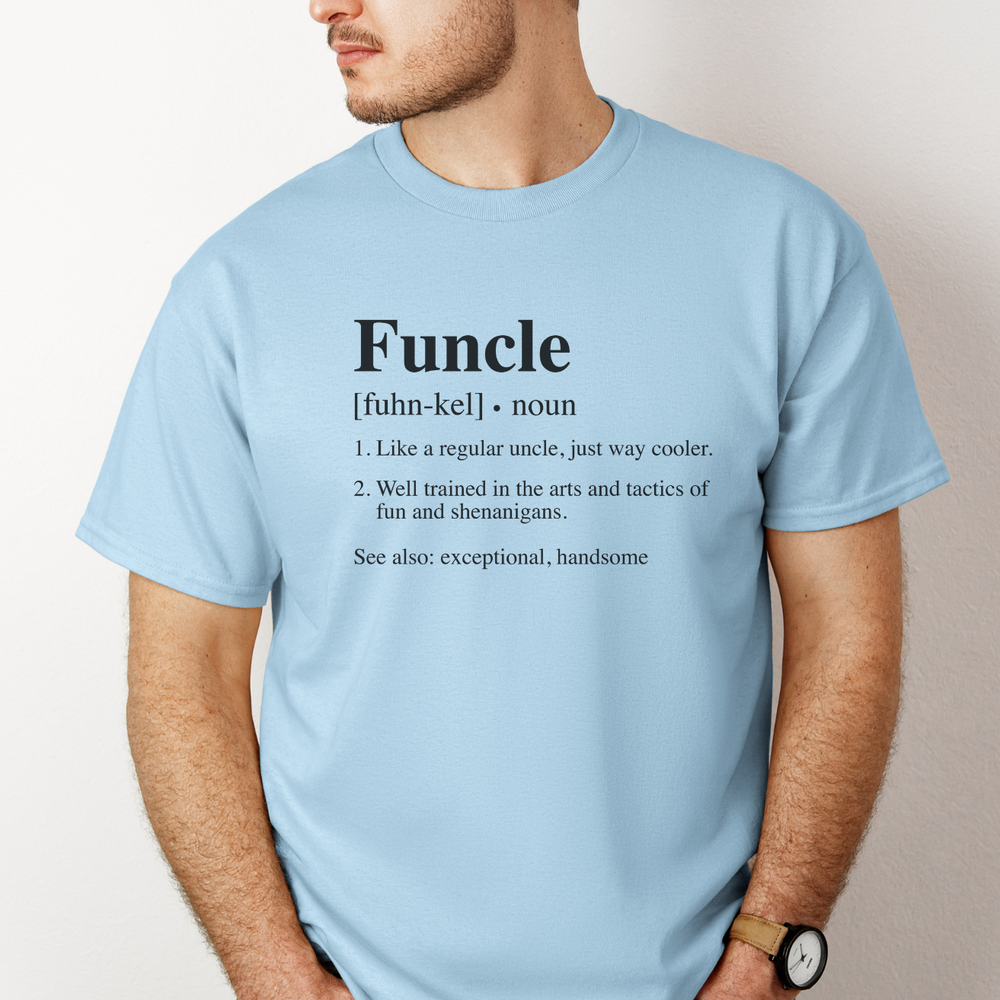 A comfy and light Funcle Tee for men, featuring a ribbed knit collar and roomy fit. Made of 100% combed cotton, perfect for workouts or daily wear. Sizes XS to 4XL available.