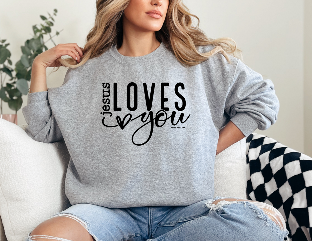 A cozy unisex Jesus Loves You Crew sweatshirt in a classic fit, made from 50% cotton and 50% polyester blend. Ribbed knit collar, double-needle stitching for durability, and tear-away label for comfort.