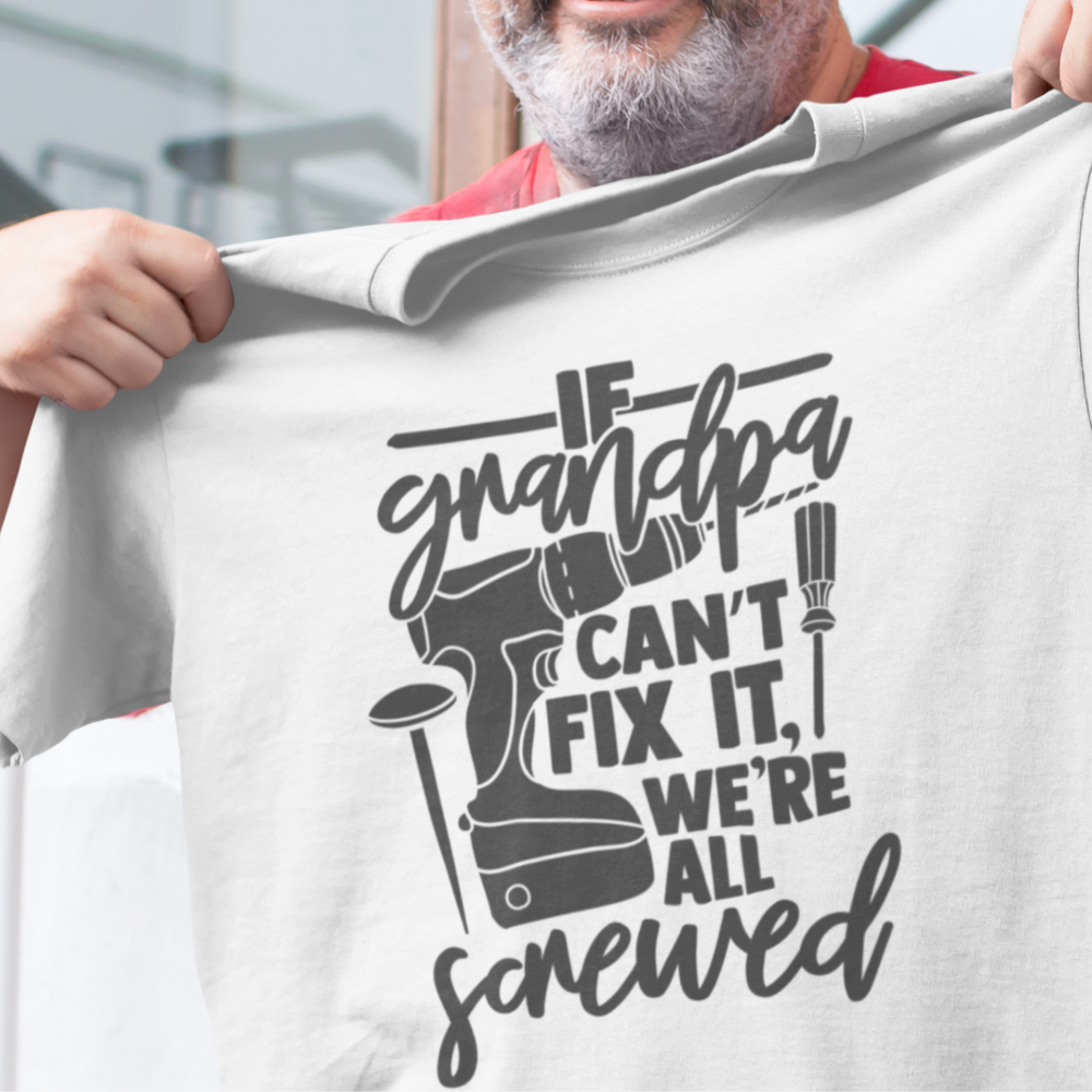 A relaxed-fit Grandpa Can't Fix It We Are Screwed Tee, made of 100% ring-spun cotton. Garment-dyed for coziness, with double-needle stitching for durability and a seamless design for a sleek look.