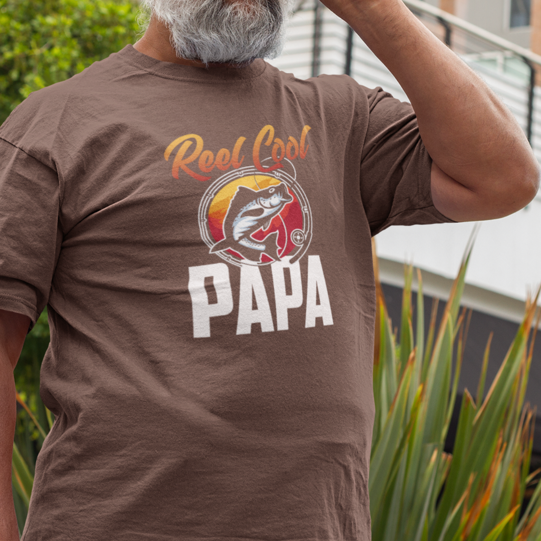 A premium Reel Cool Papa Tee for men, featuring a fitted silhouette and ribbed knit collar for added comfort and style. Made of 100% combed, ring-spun cotton for a lightweight feel.