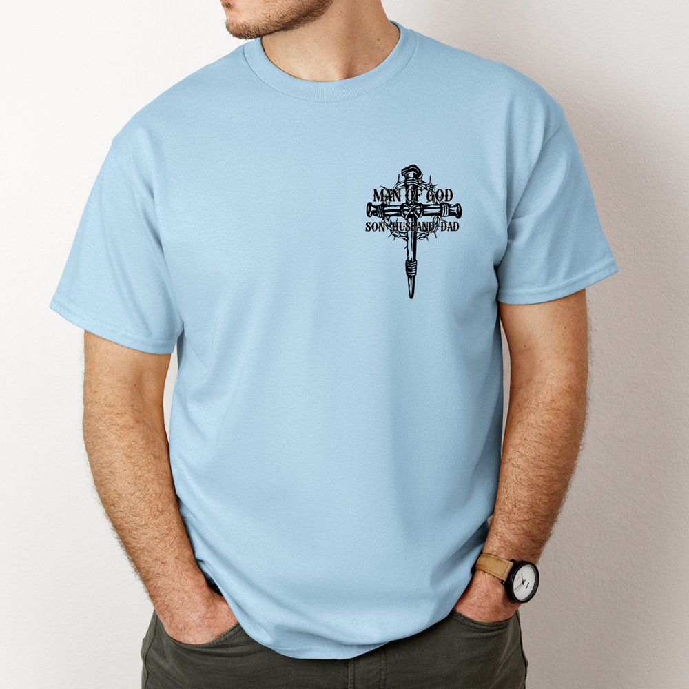 A relaxed fit Man of God Son Husband Dad Tee in blue, featuring a cross with a crown of thorns design. Made of 100% ring-spun cotton, garment-dyed for extra coziness and durability.