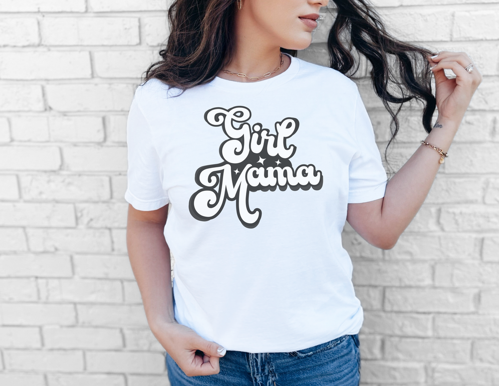 A relaxed fit Girl Mama Tee in white, made of 100% ring-spun cotton. Soft-washed and garment-dyed for coziness, featuring double-needle stitching for durability and a seamless design for a sleek look.