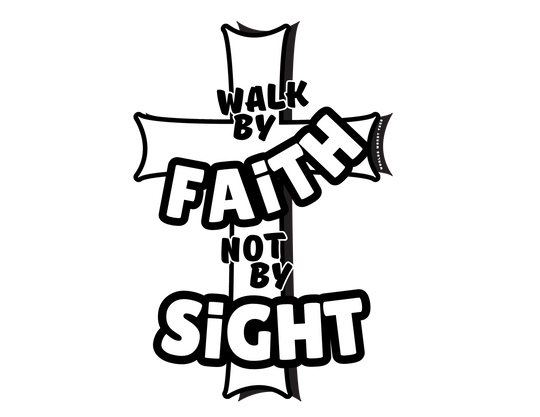 Walk By Faith Not By Sight Tee: A white cross with black text, featuring a black letter a and b on a relaxed fit, ring-spun cotton t-shirt. Durable double-needle stitching, no side-seams, and medium weight for daily comfort.