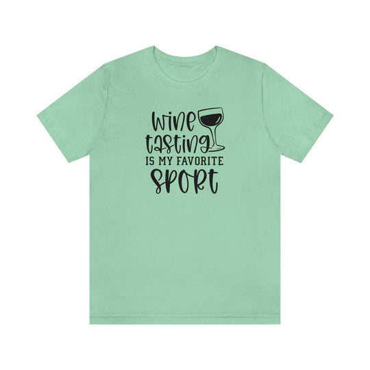 A unisex jersey tee featuring Wine My Favorite Sport text. Made of 100% cotton, with ribbed knit collars and taping on shoulders for durability. Retail fit, true to size.