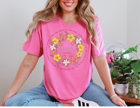 Close-up of the Amen Tee, showcasing its soft-washed, ring-spun cotton fabric, emphasizing comfort and durability with double-needle stitching and a relaxed fit.