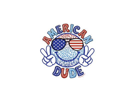 American Dude Toddler Tee featuring a logo with a face and sunglasses, a cartoon face with sunglasses, and a pair of glasses with a flag. Soft 100% combed ringspun cotton, light fabric, tear-away label, classic fit. Sizes: 2T, 3T, 4T, 5-6T.