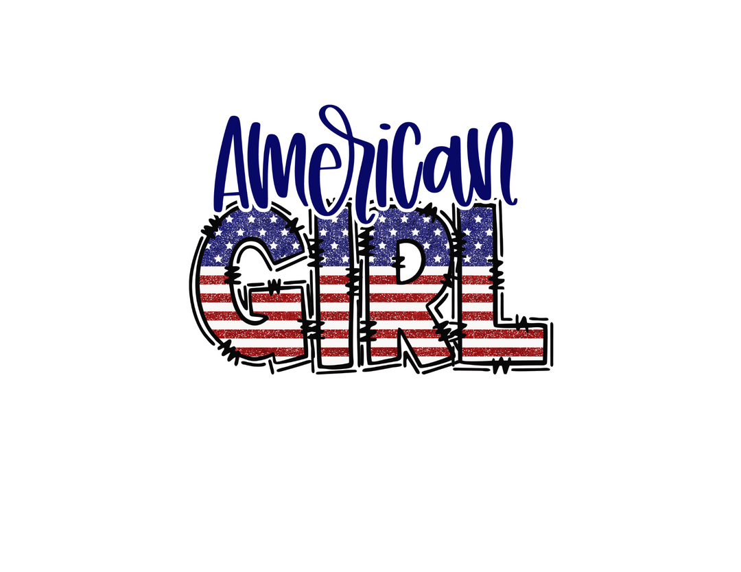 A classic American Girl Tee featuring red, white, and blue graphics with stars and stripes. Unisex jersey tee made of 100% Airlume combed cotton, light fabric, and ribbed knit collars for a retail fit.