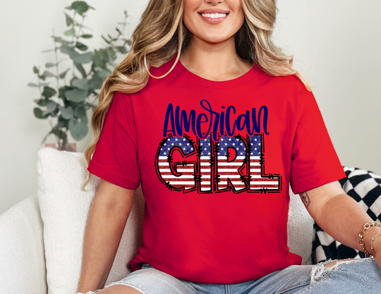 A classic American Girl Tee, unisex jersey short sleeve, 100% Airlume combed cotton. Retail fit, tear away label, ribbed knit collars, taping on shoulders, dual side seams. Soft, quality print, runs true to size.