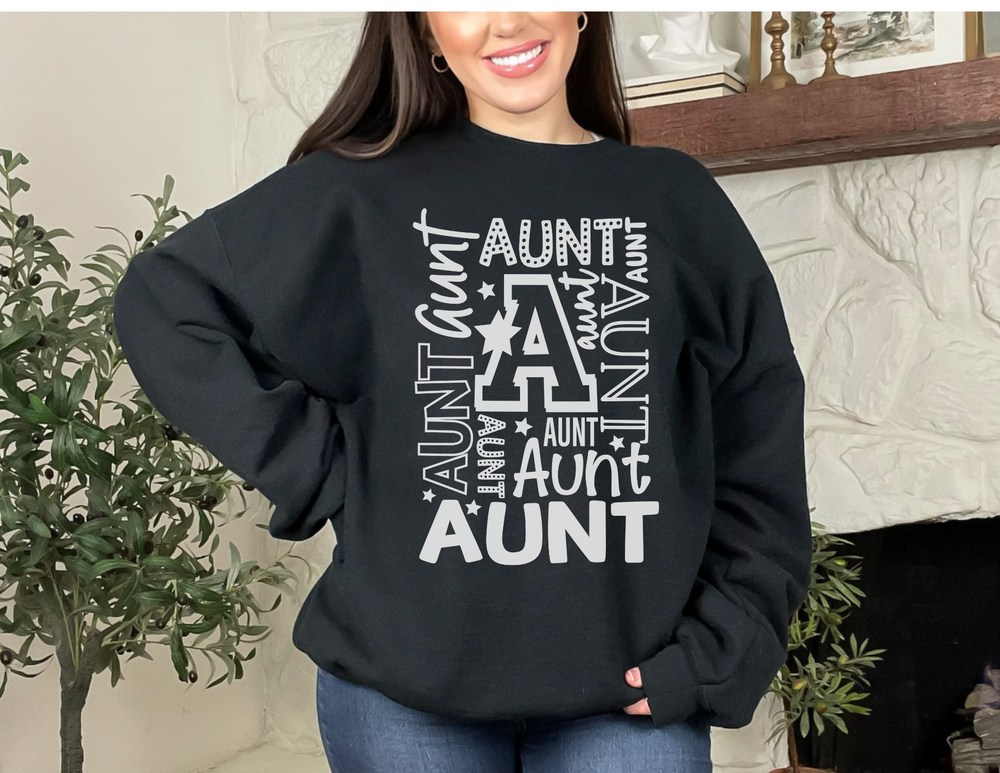 Aunt Crew relaxed fit sweatshirt in medium-heavy fabric, 50% cotton, 50% polyester blend. Comfortable crew neck with loose fit, ideal for any occasion. Sizes S-5XL. From Worlds Worst Tees.