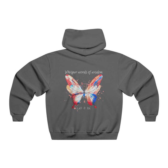 Unisex Whisper Words of Wisdom Hoodie, grey with butterfly design. Heavy blend cotton and polyester, kangaroo pocket, drawstring hood. Ideal for relaxation, warmth, and printing. Classic fit, tear-away label.