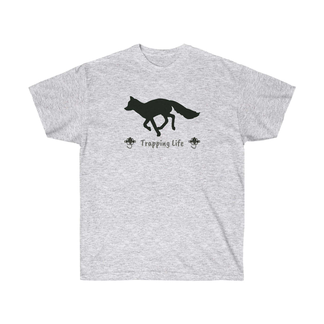 Trapping Life Unisex Tee featuring a black fox silhouette on grey cotton. Classic fit, no side seams, ribbed collar. Sustainable materials. From Worlds Worst Tees.