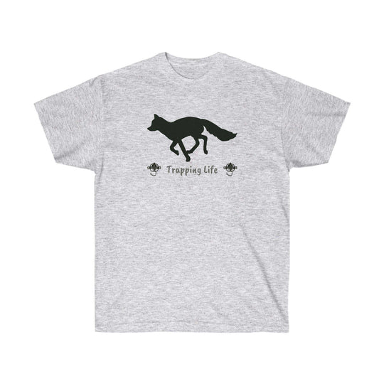 Trapping Life Unisex Tee featuring a black fox silhouette on grey cotton. Classic fit, no side seams, ribbed collar. Sustainable materials. From Worlds Worst Tees.