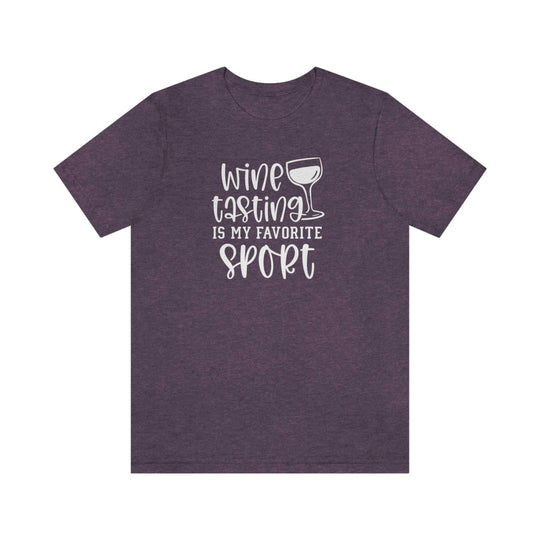 Purple Wine My Favorite Sport Tee, unisex jersey shirt with white text. 100% cotton, ribbed knit collars, retail fit. Sizes XS to 3XL. Airlume combed cotton, light fabric.