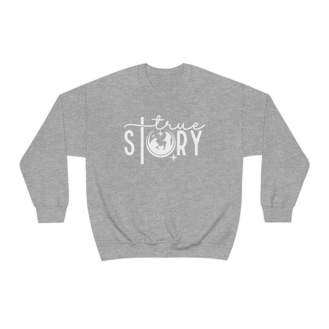 A True Story Crewneck sweatshirt, a blend of comfort in grey with a logo. Unisex, heavy fabric, ribbed knit collar, and no itchy seams. Ideal for any situation.