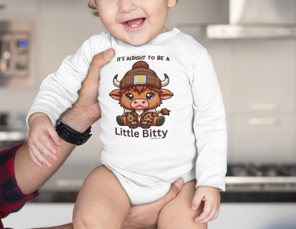 A Little Bitty Long Sleeve Onesie for infants, featuring a baby smiling and holding a hand. Made of soft 100% cotton fabric with ribbed bindings for durability. Perfect for easy changing with plastic snaps at the cross closure. Classic fit with tear-away label.
