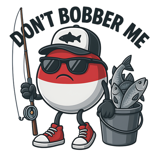 Cartoon fishing bobber character on Don't Bobber Me toddler hoodie, featuring grumpy expression, sunglasses, and fishing gear; designed for comfort and durability.