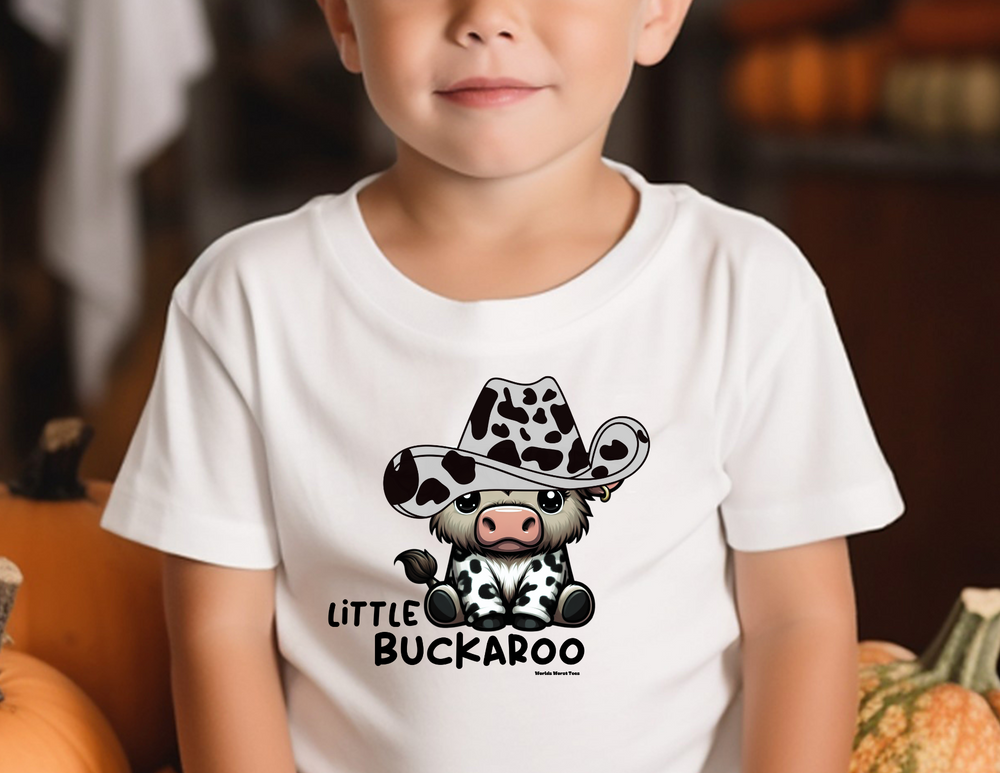A child in a white Buckaroo Kids Tee, crafted from soft combed cotton for comfort and agility. Classic fit, perfect for studying or playtime. Dimensions: XS - XL. Ideal for active kids.