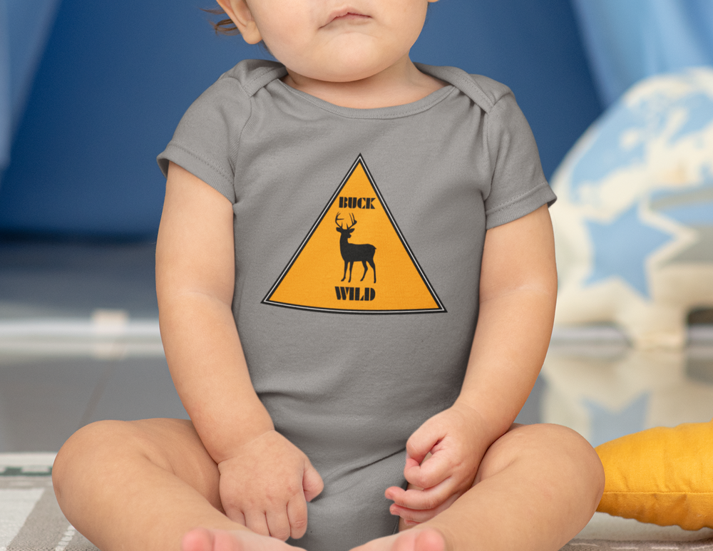 A baby wearing a Buck Wild Onesie, a comfortable and stylish infant cotton jersey tee by Rabbit Skins. Features shoulder-to-shoulder taping, double-needle stitching, and Easy Tear™ label for ultimate comfort.