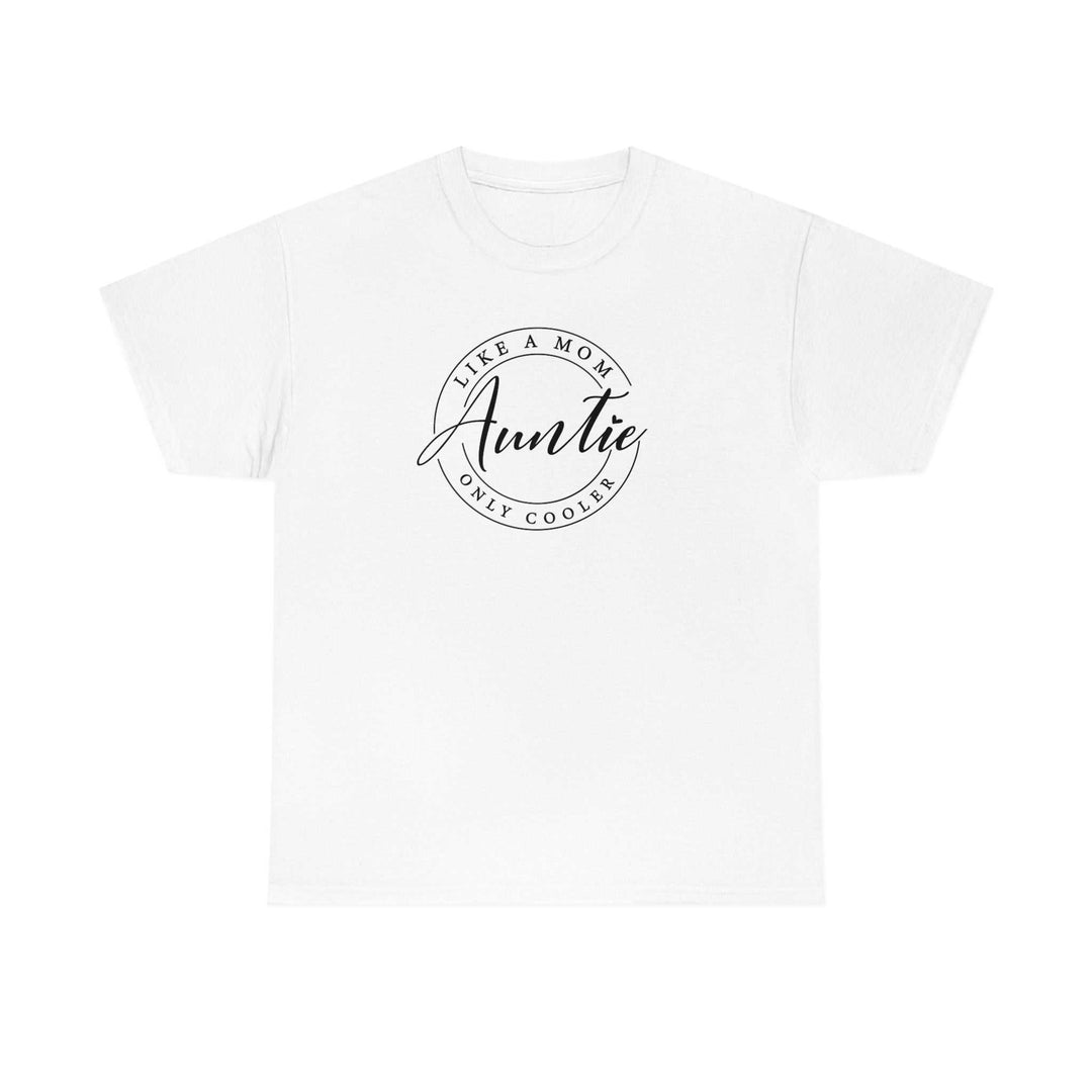 Auntie Tee: Unisex heavy cotton shirt with black text. Classic fit, tear-away label, no side seams for comfort. Ideal for casual fashion. Prioritize comfort and style with this staple.
