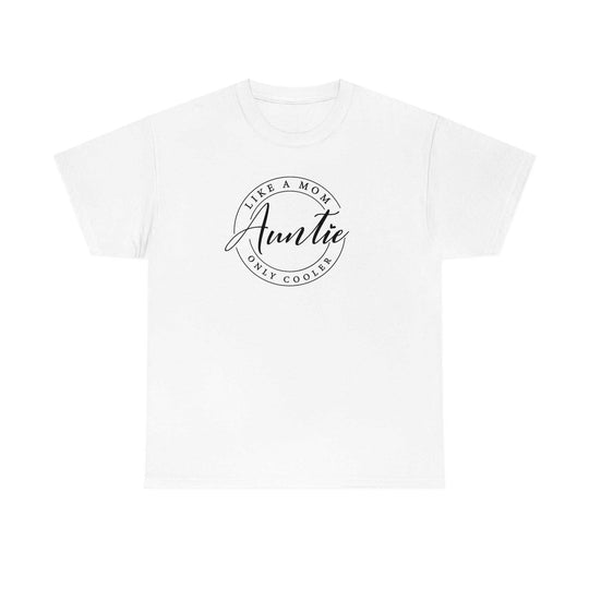 Auntie Tee: Unisex heavy cotton shirt with black text. Classic fit, tear-away label, no side seams for comfort. Ideal for casual fashion. Prioritize comfort and style with this staple.