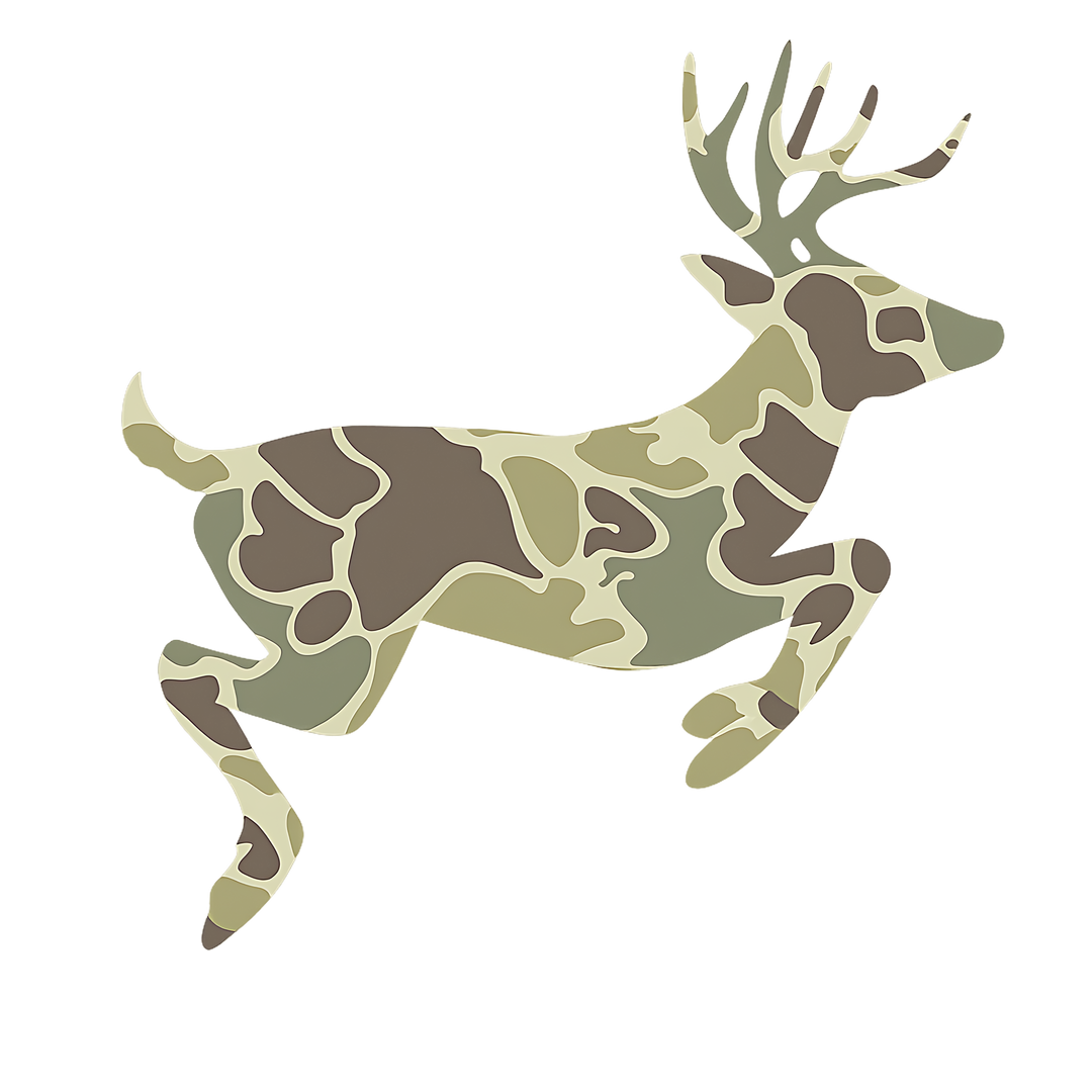Camo Deer Toddler Crew sweatshirt features a leaping deer silhouette with woodland camouflage pattern, ideal for warmth and comfort in a trendy, durable design.