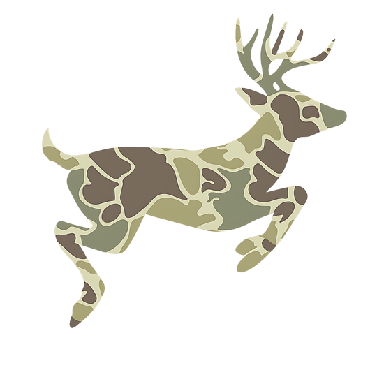 Camo Deer Toddler Crew sweatshirt features a leaping deer silhouette with woodland camouflage pattern, ideal for warmth and comfort in a trendy, durable design.