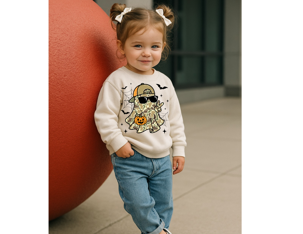 Toddler in Candy Ghost Youth Hoodie with Halloween graphic, standing by red sphere, smiling. The hoodie features a camo-patterned ghost with accessories.