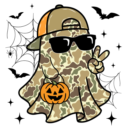 Cartoon ghost in camouflage sheet with sunglasses and cap holds a jack-o’-lantern bucket, peace sign; featured on the Candy Ghost Baby Tee, ideal for stylish infants.