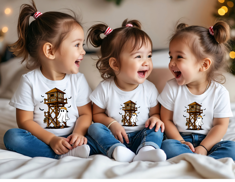 Three toddlers in matching Ghost Hunter Baby Tees with Halloween designs, sitting joyfully on a couch, showcasing the cozy, durable, and stylish kids' t-shirts.