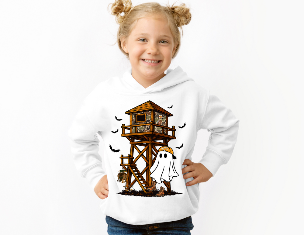 Child wearing Ghost Hunter Youth Hoodie featuring a playful Halloween hunting scene with a ghost in boots, bats, and camo-style details.