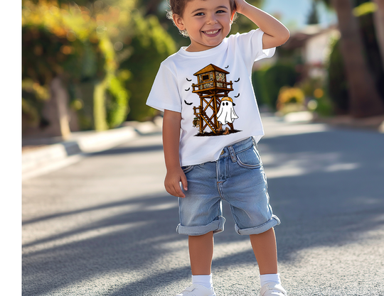 Ghost Hunter Toddler Tee features a Halloween-themed graphic with a tower, ghost, and bats. Worn by a smiling boy on a sunny street.