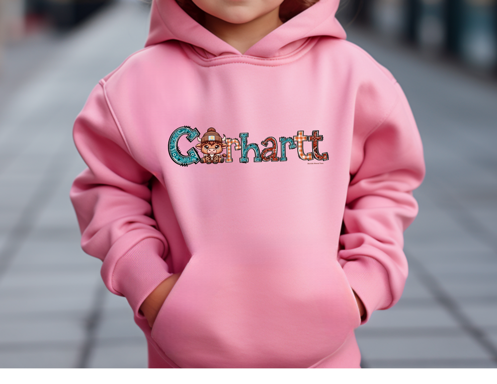 Toddler hoodie with cow graphic, jersey-lined hood, and side seam pockets for durability and coziness. Made of 60% cotton, 40% polyester blend. Designed for comfort and style.