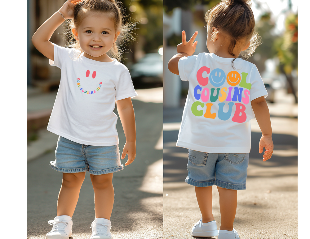 Cool Cousins Club Toddler Tee, 100% cotton, short sleeve, comfortable fit with tear-away label, ideal for everyday wear, available in various sizes.