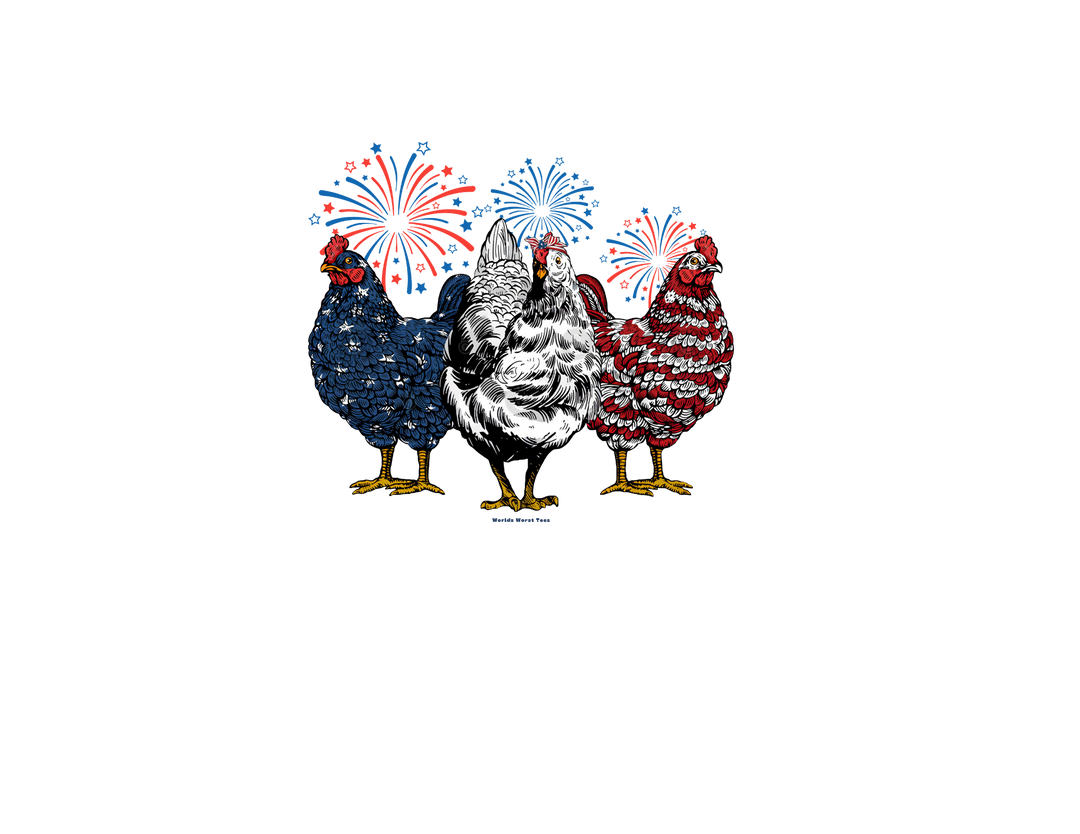 A whimsical Chicken 4th Tee featuring a group of chickens and roosters with fireworks, embodying a playful and unique graphic design. Made of 100% Airlume combed cotton, with ribbed knit collars and taping for durability.