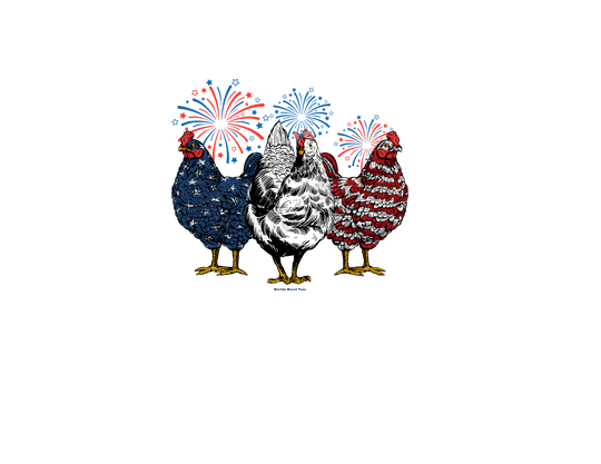 A whimsical Chicken 4th Tee featuring a group of chickens and roosters with fireworks, embodying a playful and unique graphic design. Made of 100% Airlume combed cotton, with ribbed knit collars and taping for durability.