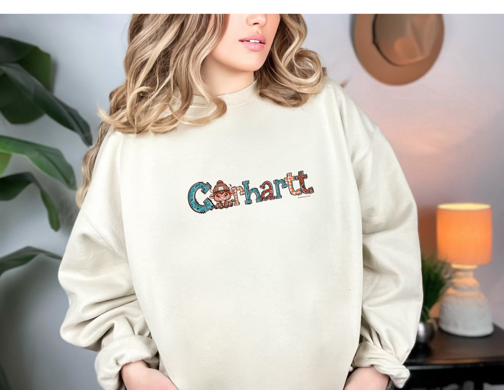A heavy blend crewneck sweatshirt featuring a cartoon cow with a hat and letters, ideal for comfort in any situation. Made of 50% cotton and 50% polyester, ribbed knit collar, no itchy side seams, loose fit, and medium-heavy fabric. From Worlds Worst Tees.