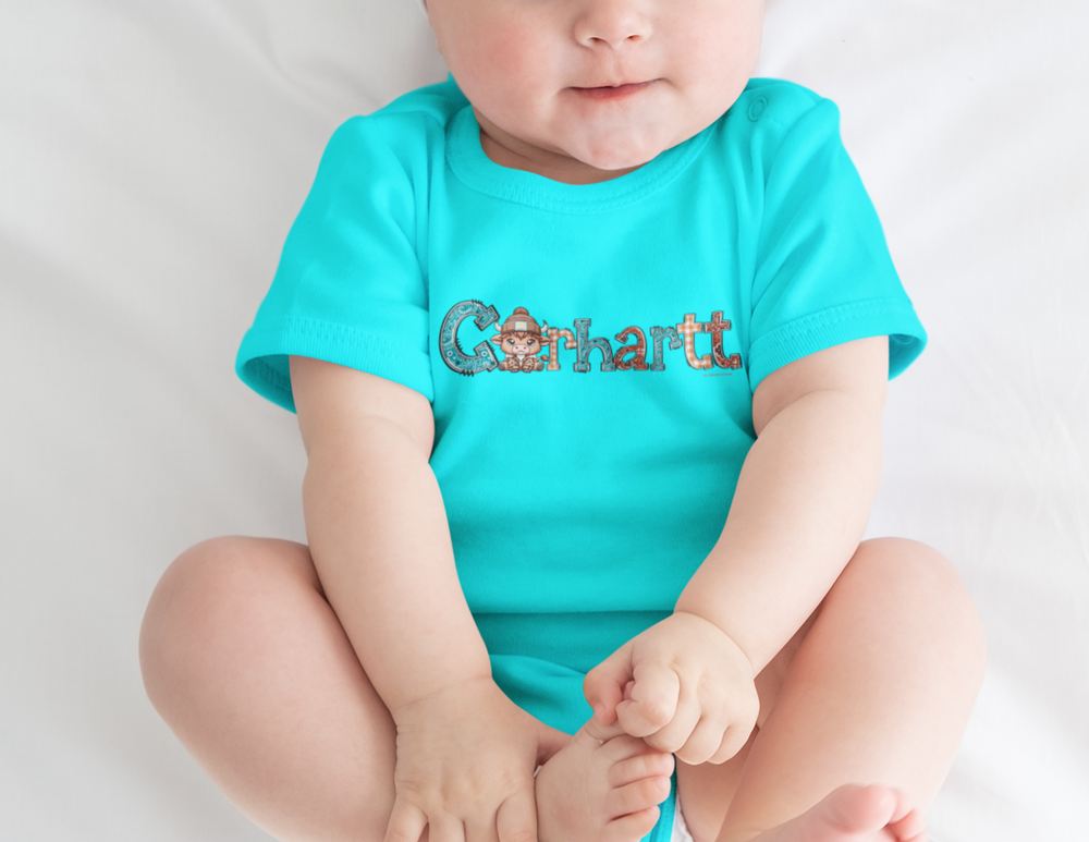 A baby wearing a Cowhartt onesie, featuring a cartoon cow design. This infant fine jersey bodysuit is 100% cotton, with ribbed knit bindings and plastic snaps for easy changes. Characteristics align with Worlds Worst Tees' humorous and unique graphic t-shirts.