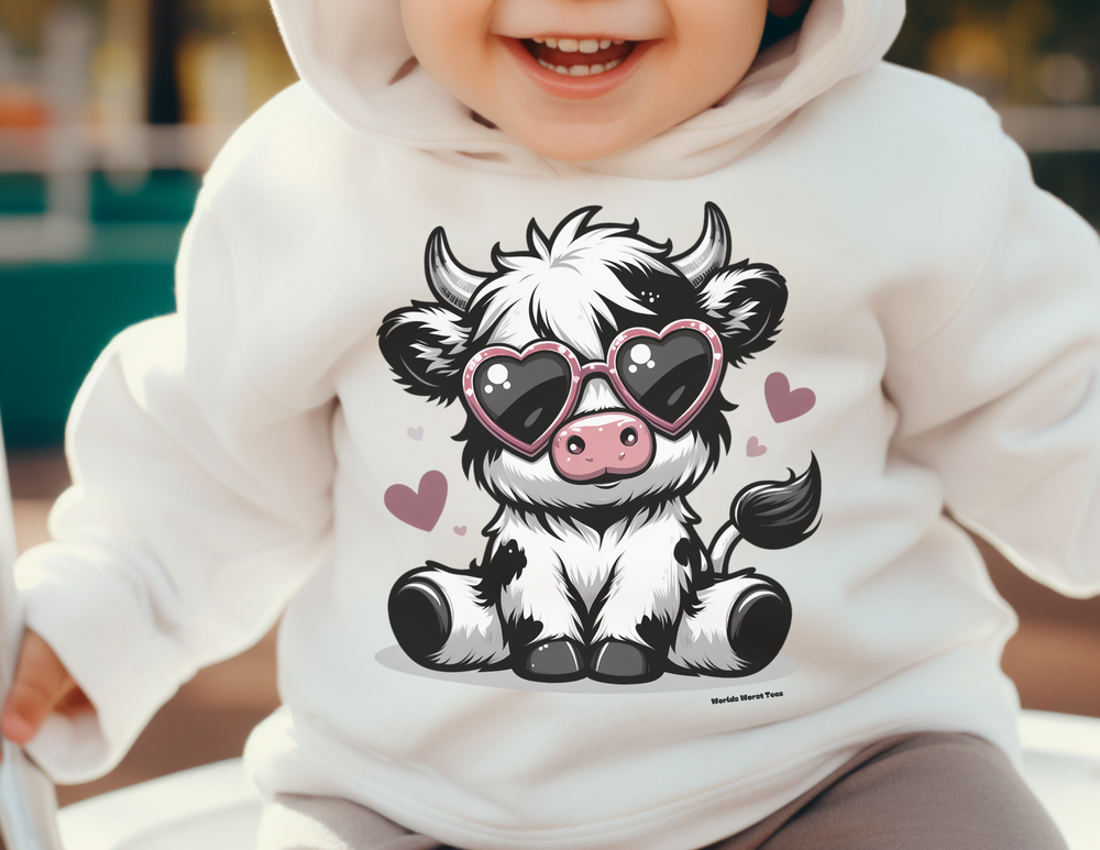 A cute cow toddler hoodie featuring a baby in a white sweatshirt with a cartoon cow wearing sunglasses. Designed for comfort with jersey-lined hood, cover-stitched details, and side seam pockets.