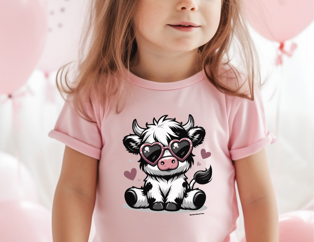 A toddler tee featuring a cute cow design, made of soft 100% combed ringspun cotton. Light fabric, classic fit, tear-away label, available in sizes 2T to 5-6T. Perfect for sensitive skin.