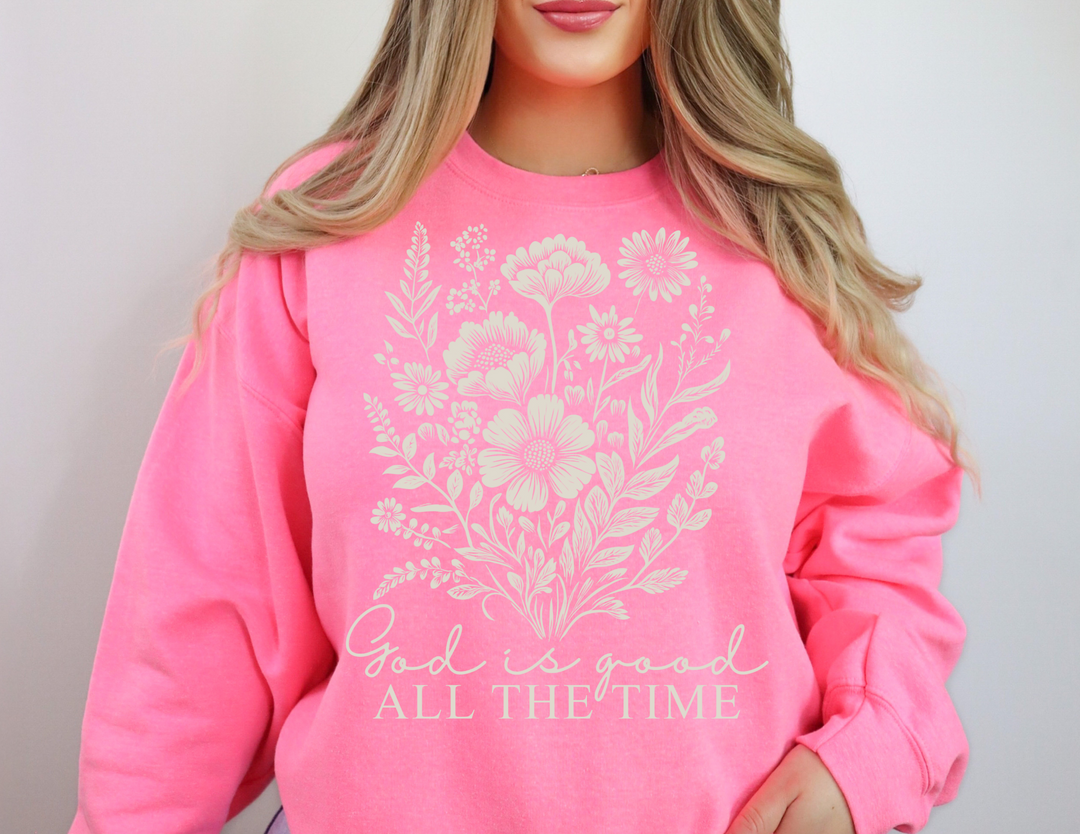 Unisex crewneck sweatshirt titled GOD is Good All the Time Crew, featuring a classic fit with ribbed collar and durable double-needle stitching.