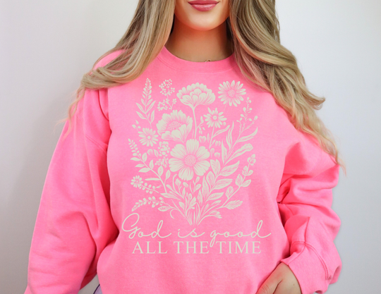 Unisex crewneck sweatshirt titled GOD is Good All the Time Crew, featuring a classic fit with ribbed collar and durable double-needle stitching.